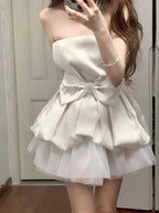 Cute White Strapless Bow Satin Tulle Mini 17Th Birthday Homecoming Dresses