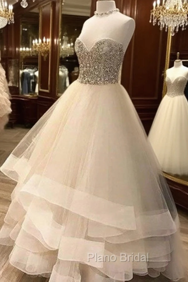 Cute White Tulle Long Formal Prom Dresses, White Formal Dresses Main image