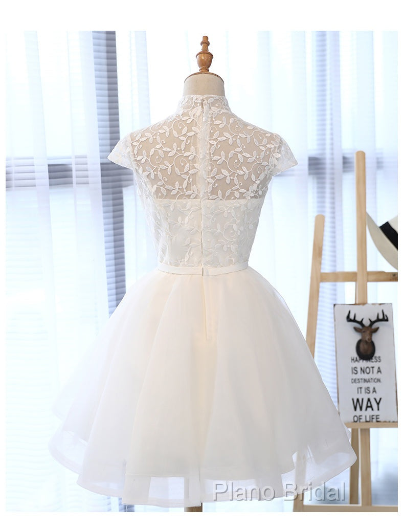 Cute White Tulle Short Lace Cap Sleeves Party Dresses, White Homecoming Dresses Secondary image