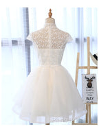 Cute White Tulle Short Lace Cap Sleeves Party Dresses, White Homecoming Dresses
