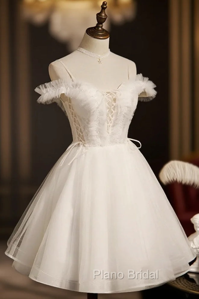 Cute White Tulle Short Party Dresses with Lace, Off Shoulder Homecoming Dresses