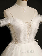 Cute White Tulle Short Party Dresses with Lace, Off Shoulder Homecoming Dresses