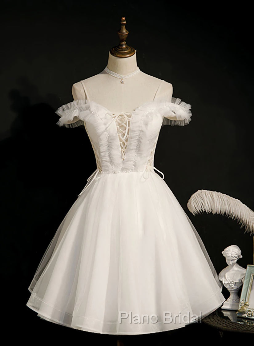 Cute White Tulle Short Party Dresses with Lace, Off Shoulder Homecoming Dresses Secondary image