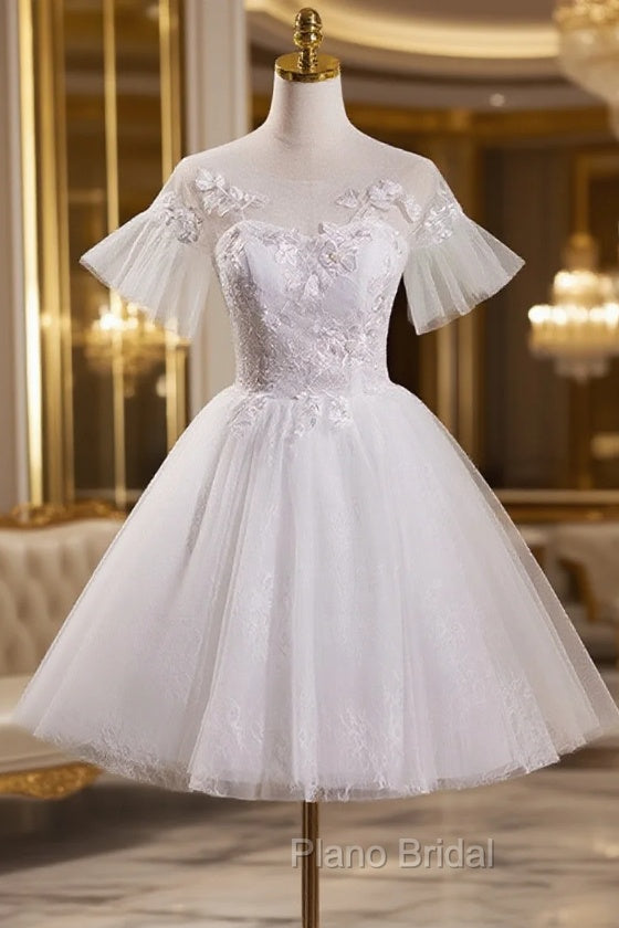 Cute White Tulle with Lace Short Party Dresses, White Graduation Dresses