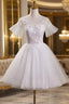 Cute White Tulle with Lace Short Party Dresses, White Graduation Dresses