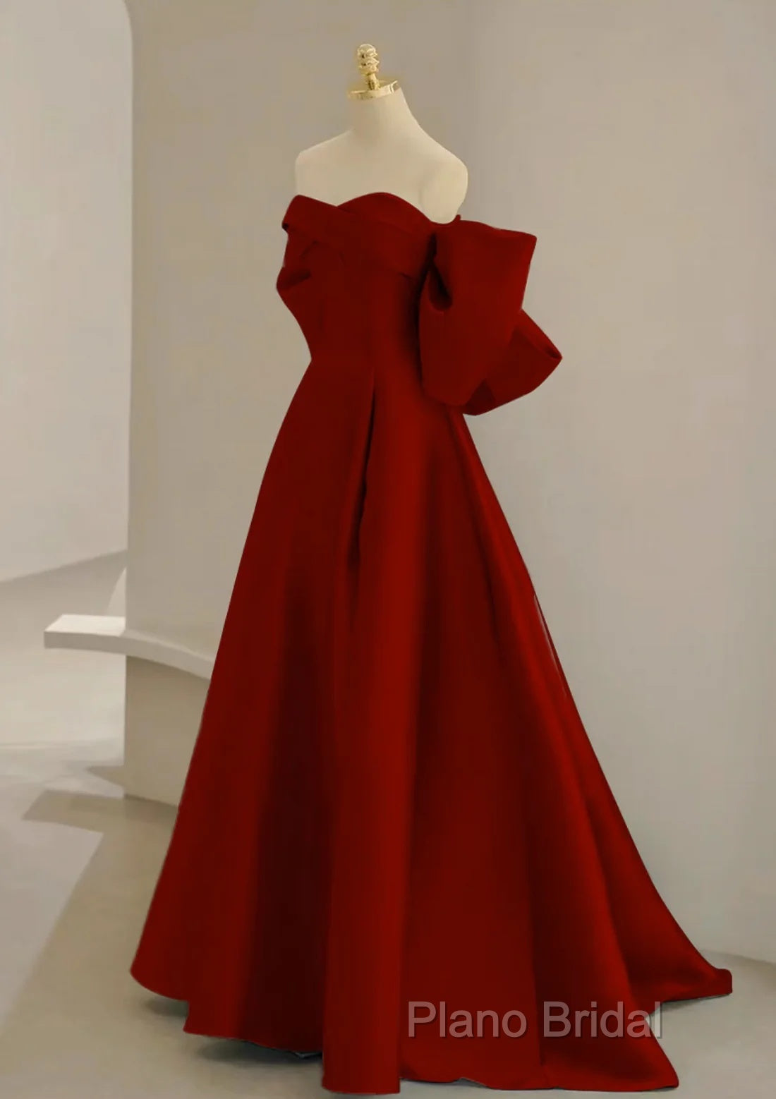 Cute Wine Red Satin Off Shoulder Long Party Dresses With Bow, Wine Red Formal Prom Dresses Secondary image