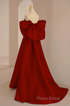 Cute Wine Red Satin Off Shoulder Long Party Dresses With Bow, Wine Red Formal Prom Dresses