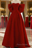 Cute Wine Red Satin Off Shoulder Long Party Dresses With Bow, Wine Red Formal Prom Dresses