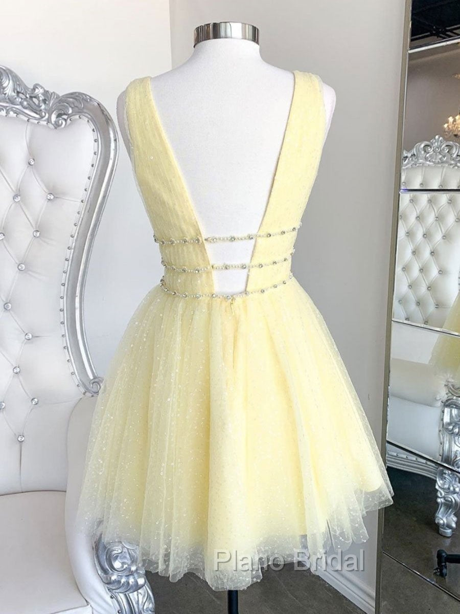 Cute Yellow V Neck Tulle Beads Short Formal Prom Dresses Yellow Homecoming Dresses