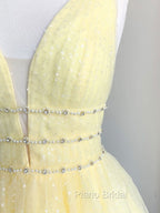 Cute Yellow V Neck Tulle Beads Short Formal Prom Dresses Yellow Homecoming Dresses