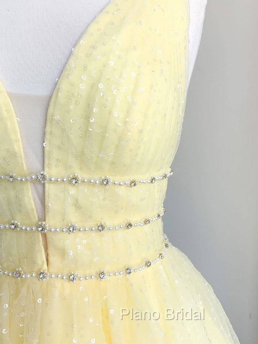 Cute Yellow V Neck Tulle Beads Short Formal Prom Dresses Yellow Homecoming Dresses