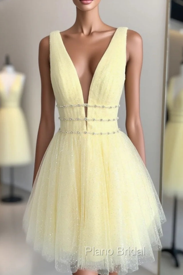 Cute Yellow V Neck Tulle Beads Short Formal Prom Dresses Yellow Homecoming Dresses Main image
