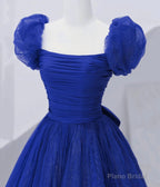 Cute Tulle Long Prom Dress with Bow, Royal Blue Short Sleeve Evening Party Dress