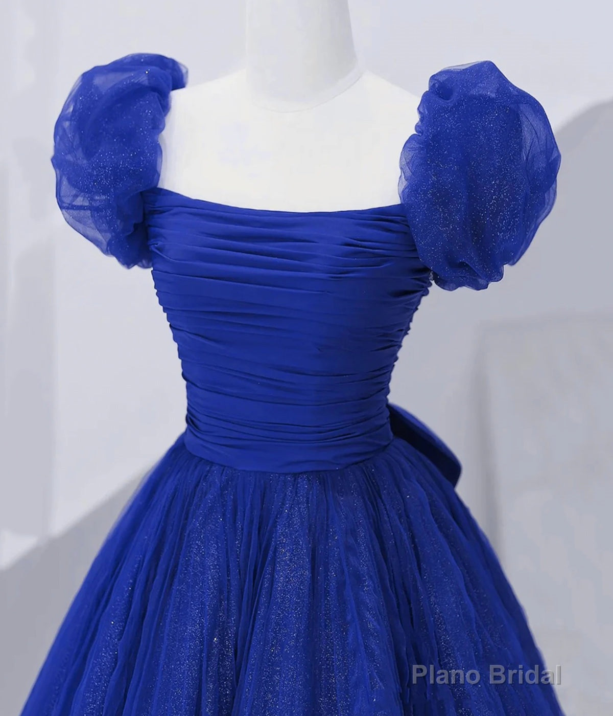 Cute Tulle Long Prom Dress with Bow, Royal Blue Short Sleeve Evening Party Dress