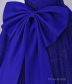 Cute Tulle Long Prom Dress with Bow, Royal Blue Short Sleeve Evening Party Dress