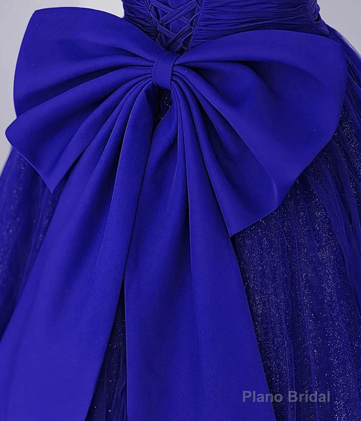 Cute Tulle Long Prom Dress with Bow, Royal Blue Short Sleeve Evening Party Dress