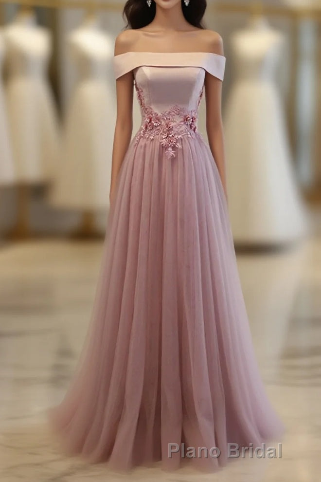 Pink A Line Off Shoulder Floor Length Formal Prom Dresses, Lace Evening Dresses Main image