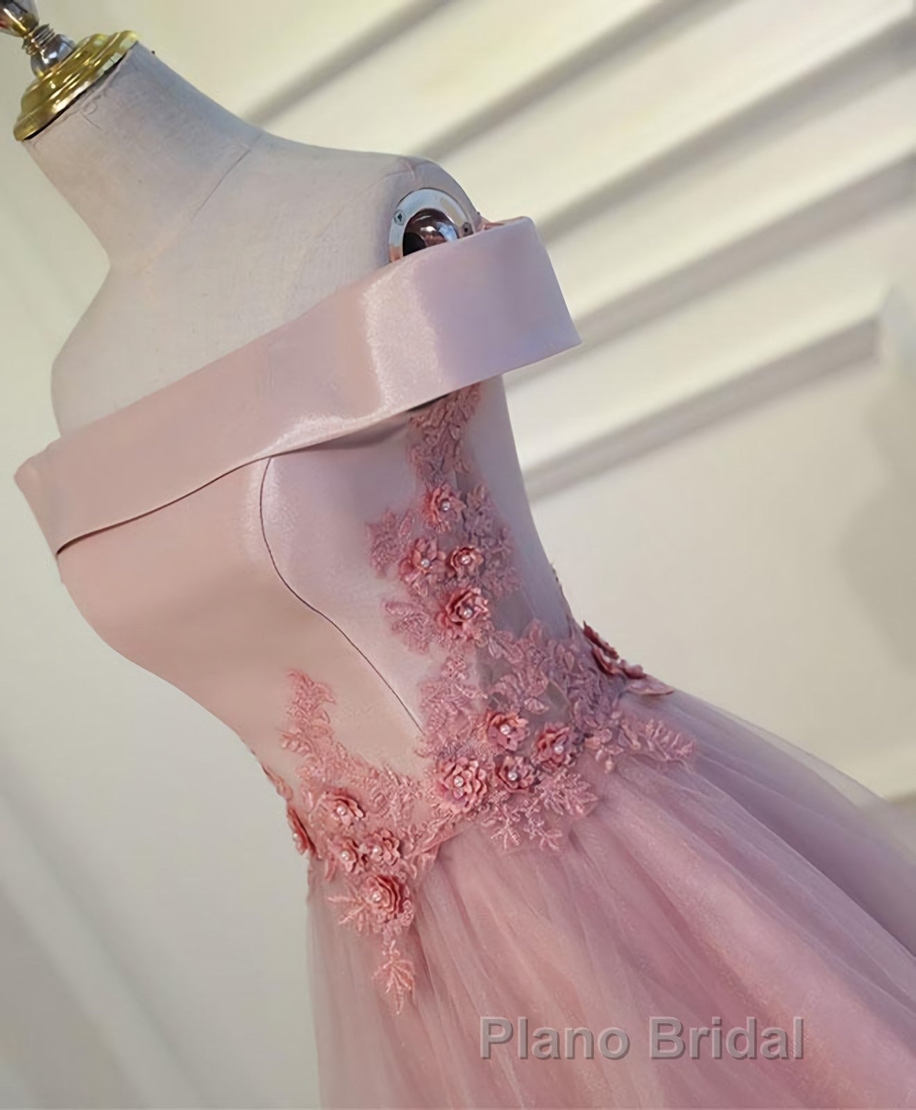 Pink A Line Off Shoulder Floor Length Formal Prom Dresses, Lace Evening Dresses Secondary image