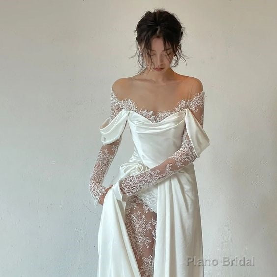 Ivory Lace Satin Wedding Dresses, Off The Shoulder Bridal Dresses Main image