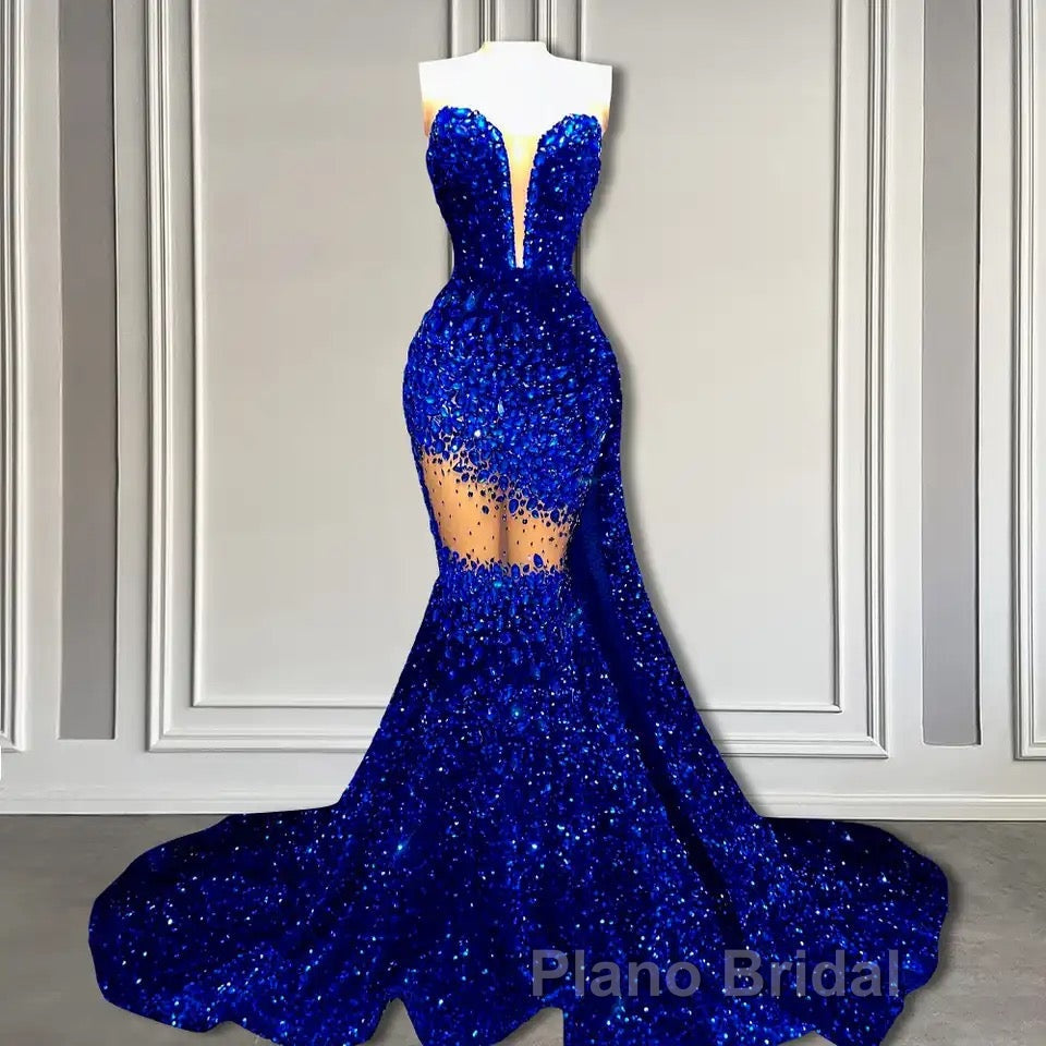 V-Neck Sequins Formal Prom Dress Mermaid Sleeveless Crystal.