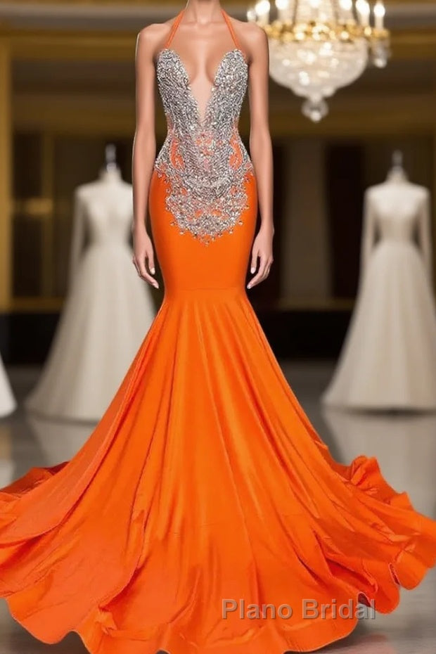 Sleeveless V-Neck Halter Mermaid Formal Prom Dress With Beadings Main image