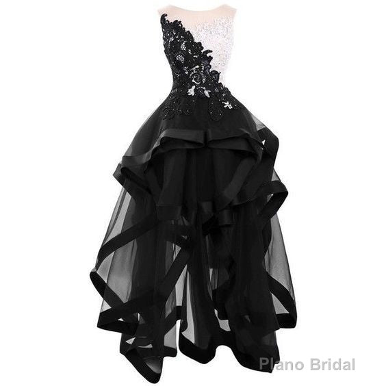 black lace appliques homecoming dresses elegant round collar sleeveless party dresses tulle high low homecoming dresses Main image