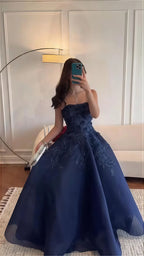 Dark Blue A-Line Formal Prom Dresses Strapless Applique Formal Evening Dance Dresses