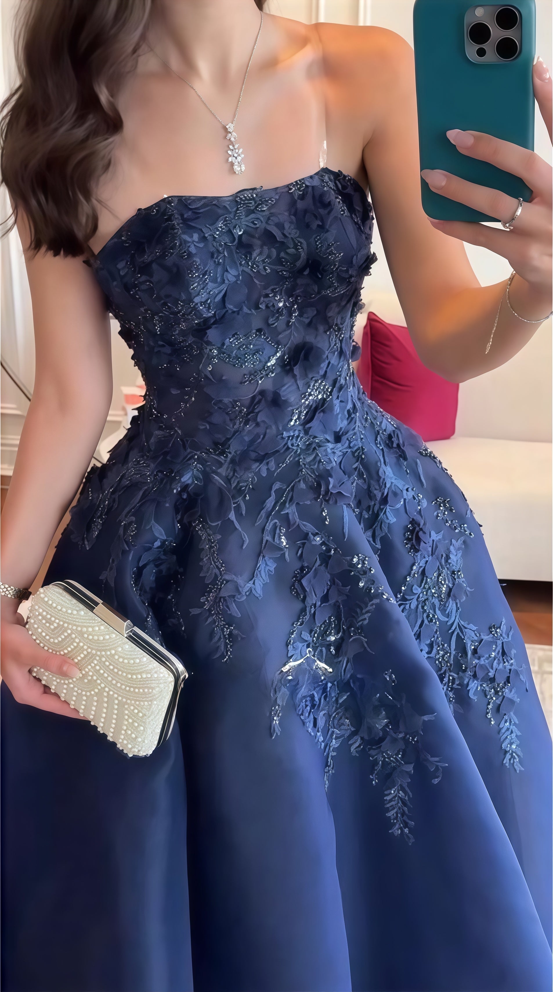 Dark Blue A-Line Formal Prom Dresses Strapless Applique Formal Evening Dance Dresses