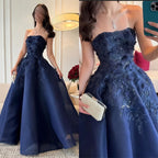 Dark Blue A-Line Formal Prom Dresses Strapless Applique Formal Evening Dance Dresses