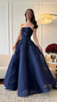 Dark Blue A-Line Formal Prom Dresses Strapless Applique Formal Evening Dance Dresses