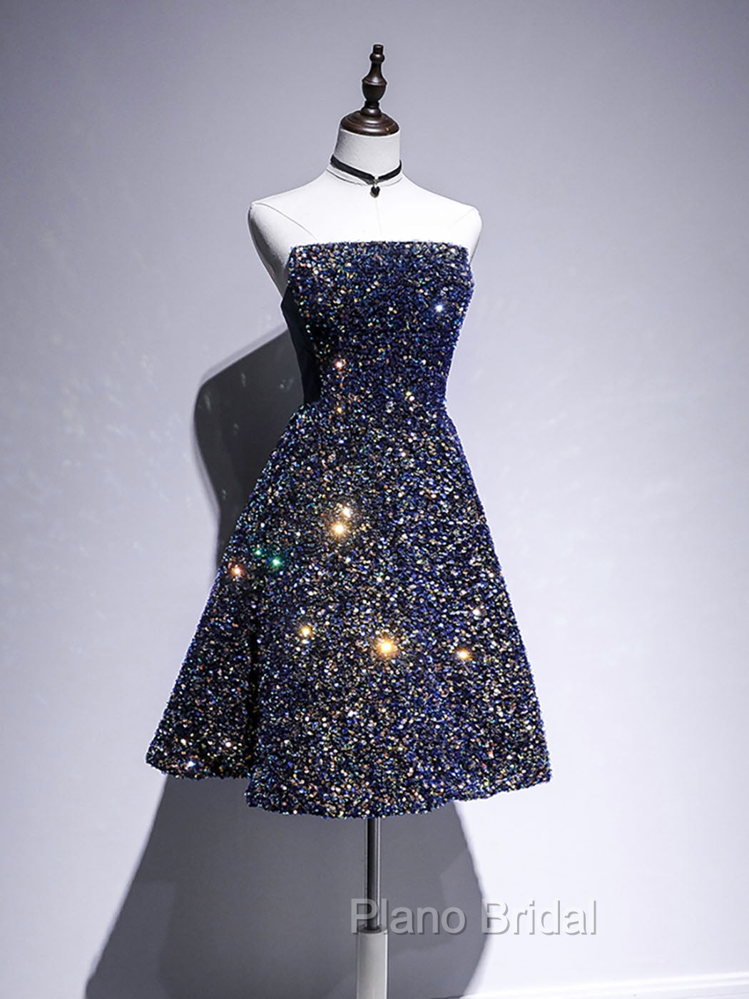 Dark Blue A-Line Sequin Lace Short Formal Prom Dresses, Blue Homecoming Dresses Secondary image