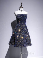 Dark Blue A-Line Sequin Lace Short Formal Prom Dresses, Blue Homecoming Dresses