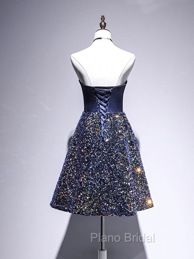 Dark Blue A-Line Sequin Lace Short Formal Prom Dresses, Blue Homecoming Dresses