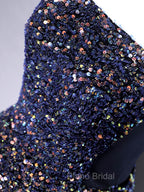 Dark Blue A-Line Sequin Lace Short Formal Prom Dresses, Blue Homecoming Dresses