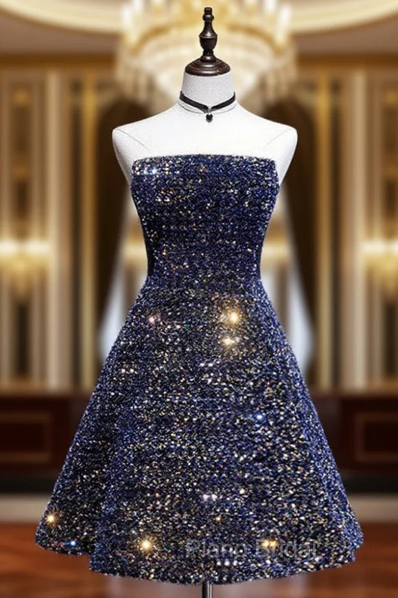 Dark Blue A-Line Sequin Lace Short Formal Prom Dresses, Blue Homecoming Dresses Main image