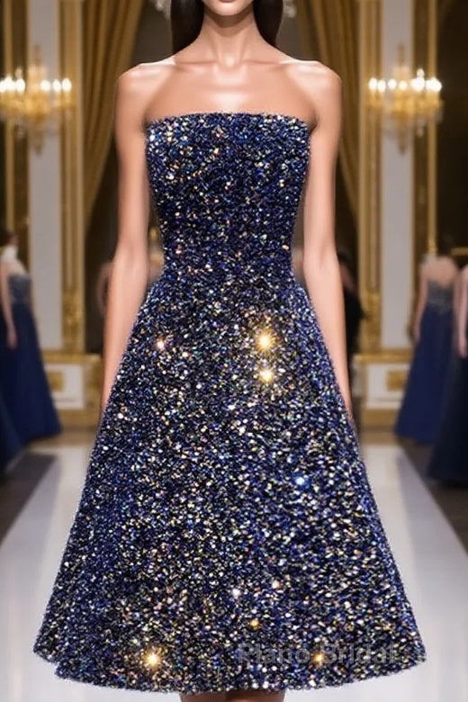 Dark Blue A-Line Sequin Lace Short Formal Prom Dress, Cute Blue Homecoming Dress