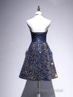 Dark Blue A-Line Sequin Lace Short Formal Prom Dress, Cute Blue Homecoming Dress
