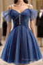 Dark Blue A-Line Short Formal Prom Dresses, Dark Blue Homecoming Dresses