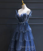 Dark Blue A Line Strapless Beaded Tulle Long Senior Formal Prom Dresses Evening Party Dresses