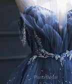 Dark Blue A Line Strapless Beaded Tulle Long Senior Formal Prom Dresses Evening Party Dresses