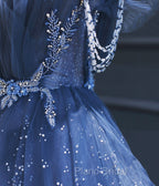 Dark Blue A Line Strapless Beaded Tulle Long Senior Formal Prom Dresses Evening Party Dresses