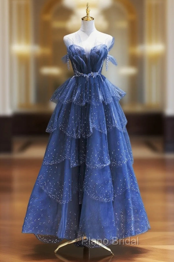 Dark Blue A Line Strapless Beaded Tulle Long Senior Formal Prom Dresses Evening Party Dresses Main image