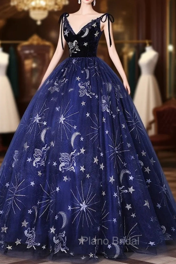 Dark Blue A-Line Tulle Lace Long Formal Prom Dresses, Dark Blue Long Formal Dresses Secondary image