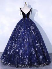 Dark Blue A-Line Tulle Lace Long Prom Dress, Dark Blue Long Formal Dress