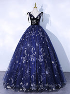 Dark Blue A-Line Tulle Lace Long Formal Prom Dresses, Dark Blue Long Formal Dresses