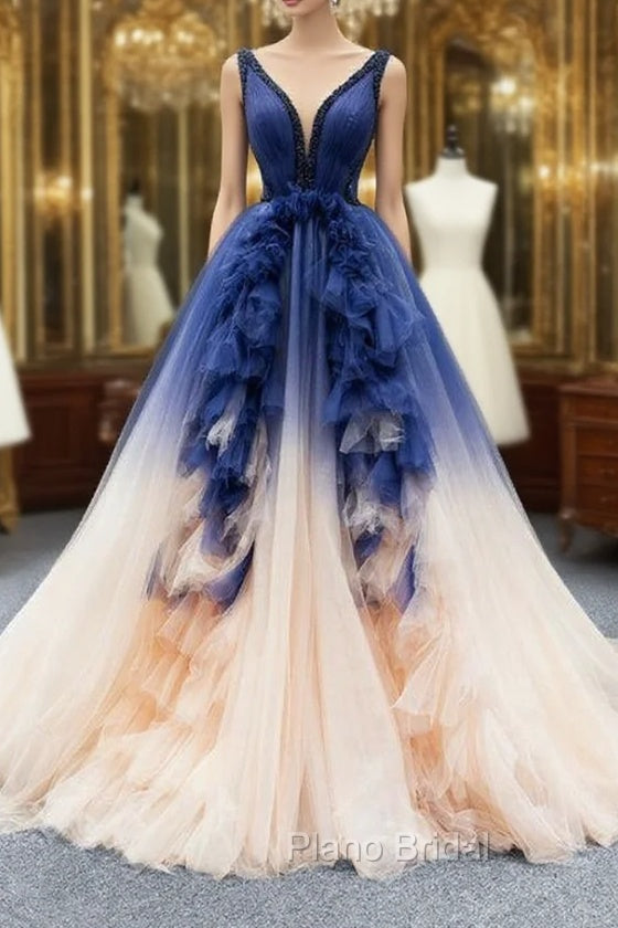 Dark Blue And Champagne Tulle V-neck Backless Beading Formal Prom Dresses