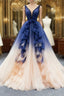 Dark Blue And Champagne Tulle V-neck Backless Beading Formal Prom Dresses