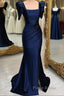 Dark Blue Blue Long Mermaid Formal Prom Dresses With Slit, Dark Blue Party Dresses