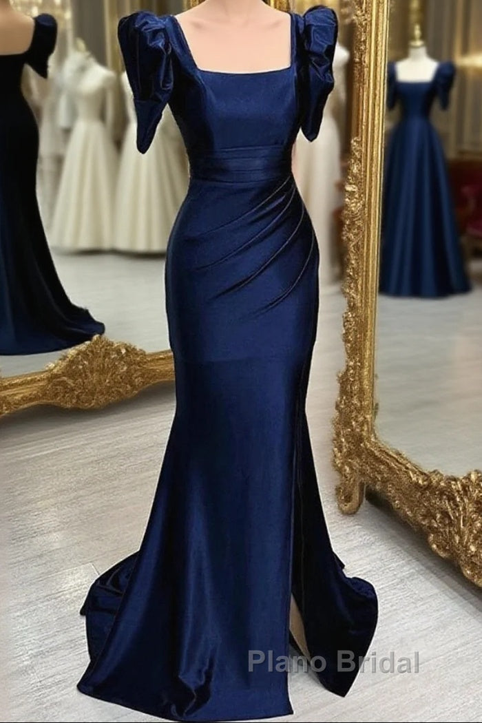Dark Blue Blue Long Mermaid Formal Prom Dresses With Slit, Dark Blue Party Dresses Main image