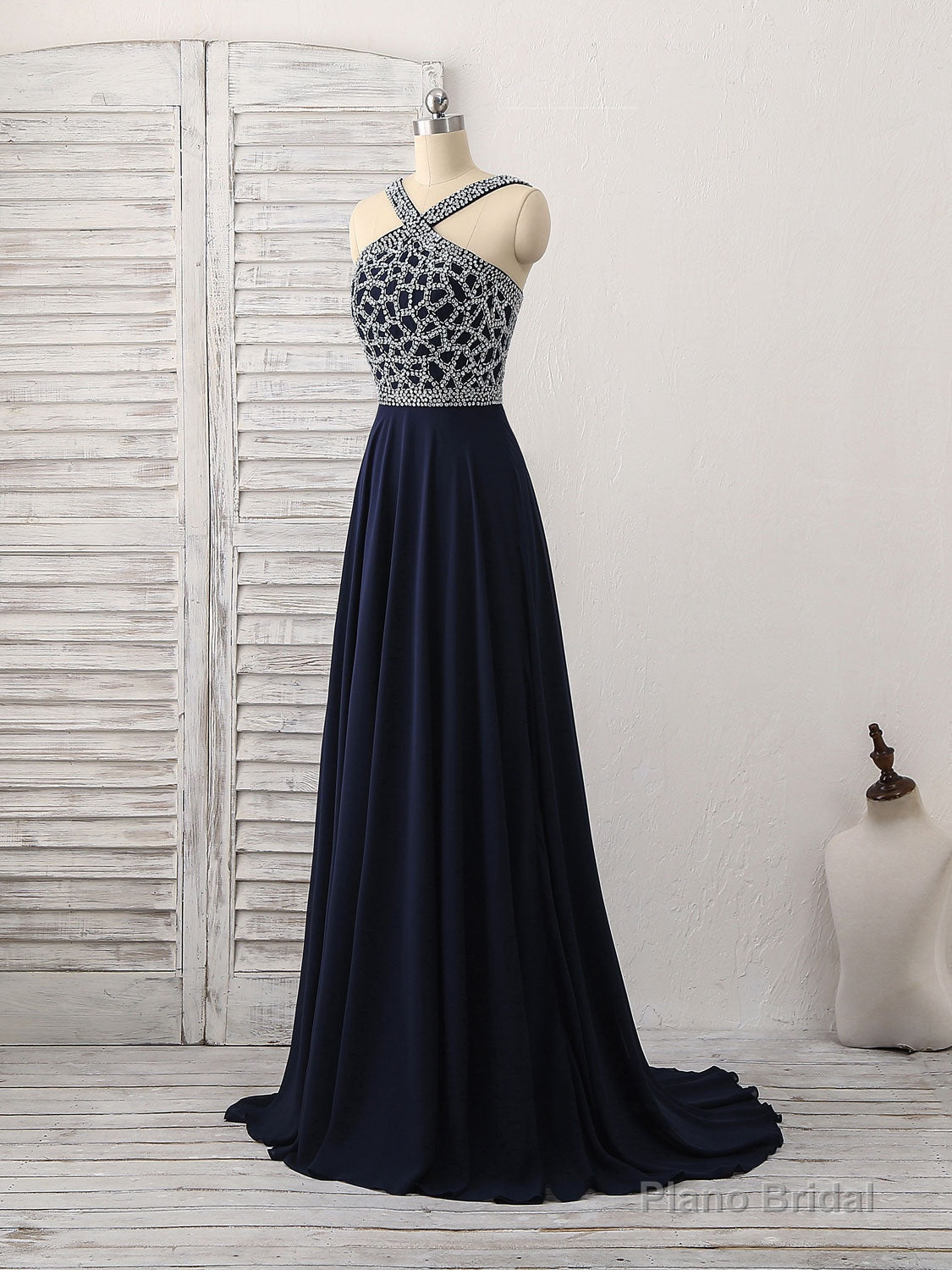Dark Blue Chiffon Beads Long Prom Dress, Blue Evening Dress Main image